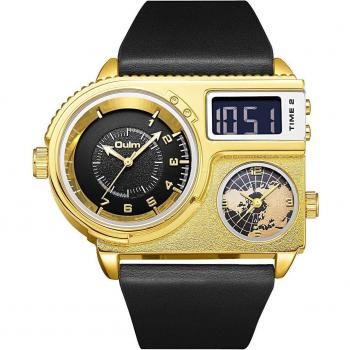 Reloj Oulm de lujo para hombre, cuero genuino, cronógrafo, doble pantalla, dos zonas horarias