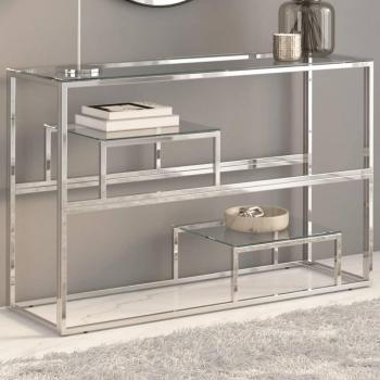 Table console moderne en acier inoxydable et verre trempé