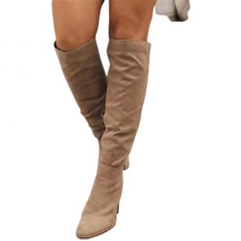 Botas de mujer de ante, largas y con tacón grueso, ideales para invierno, color beige, talla 37