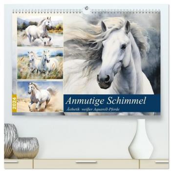 Anmutige Schimmel. Ästhetik weißer Aquarell-Pferde (hochwertiger Premium Wandkalender 2024 DIN A2 quer) Kunstdruck in Hochglanz