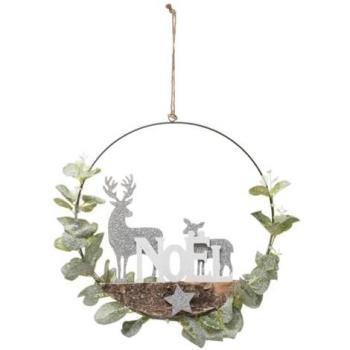 FEERIC LIGHTS & CHRISTMAS Couronne avec branche de Noël et Rennes argent pailleté D 28 cm