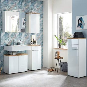Lomadox Badmöbel Komplett Set LUBLIN-01, Glasfront in Weiß und Navarra Eiche, 178 x 200 x 34 cm