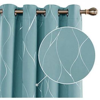 Deconovo Thermal Insulated Blackout Curtains, Silver Wave Line Foil Printed Eyelet Curtains for Bedroom, 52 x 54 Inch