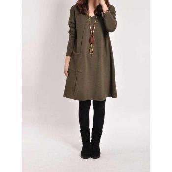 Long-Sleeved Maternity Dress with Big Pocket