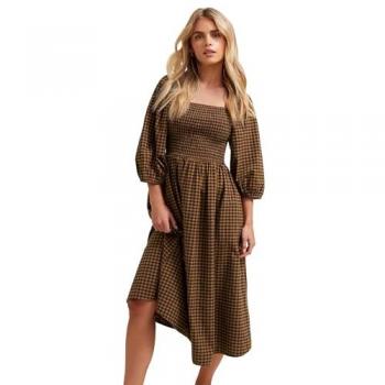 Puff Sleeve Gingham Midi Dress – Petite Brown