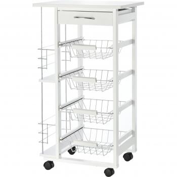 Carrello da Cucina in Legno Bianco con 1 Cassetto e 4 Cestelli Metallici