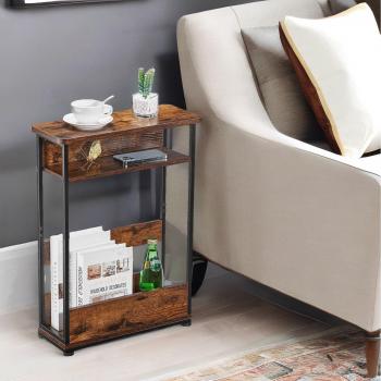 Rustic Brown Industrial 3 Tier Side Table with Magazine Rack