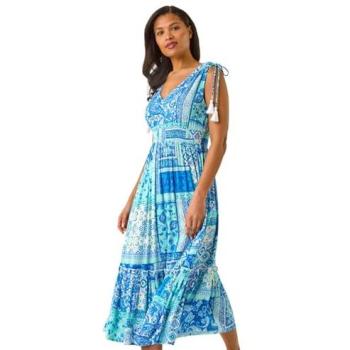 Size 14 Roman Patchwork Maxi Dress – Light Blue Shimmer Design