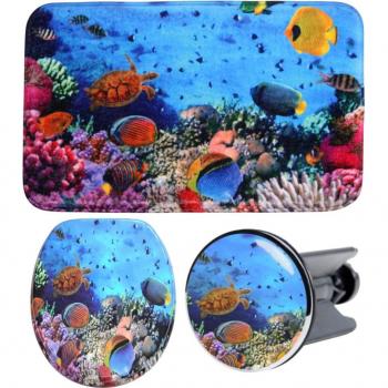 Badaccessoire‑Trio Ocean von Sanilo – WC‑Sitz mit Automatik, bunter Teppich, Stöpsel