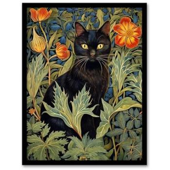Garden Prowler: Black Cat with Wildflowers – Teal & Orange Print