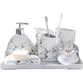 Accessoires de bain en céramique : distributeur de savon, porte-brosse à dents, gobelet