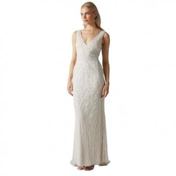 Coastal Whisper: Ivory Plunge Floral Bridal Dress