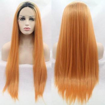 Peluca sintética negra con ombré naranja, diseño frontal de encaje