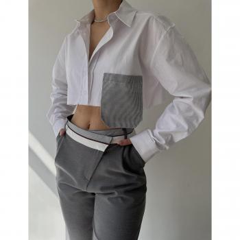 Camicia Crop Coral Grigio con Strisce bianche