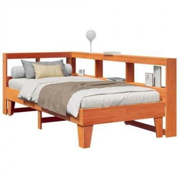 Lit en pin massif avec bibliothèque 100x200 cm sans matelas marron