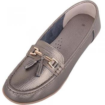 Silver Metallic Women's Wide Fit Leather Loafers – Slip-On Deck/Boat Shoes (Size 5)