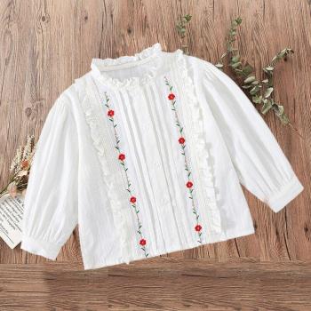 Kids Girls White Embroidered Flower Blouse Long Sleeve for Spring and Autumn