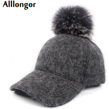 Damen Wolle Snapback Kappe mit Pompon, schwarz, für die kalte Jahreszeit
