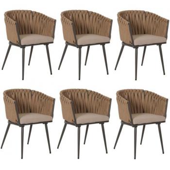 Set sedie salotto HHG‑418 in alluminio, braccioli, intreccio corda – beige con cuscini marrone chiaro