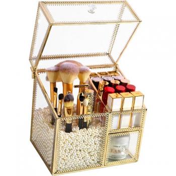 Gold Glass Brush Holder with Vintage Mirror