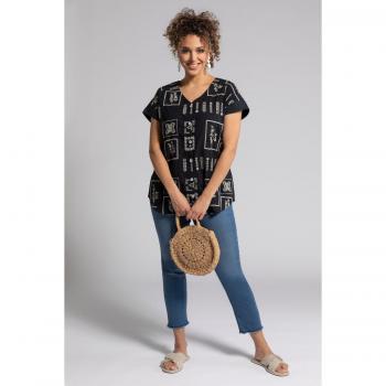 Camicetta oversize nera in cotone con scollatura a V e bottoni, Taglia 60/62