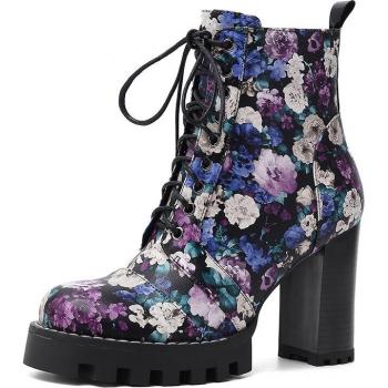 Gdgydh Spring Women's High Heel Flower Ankle Boots with Zipper, TPR Sole, Plus Size 42
