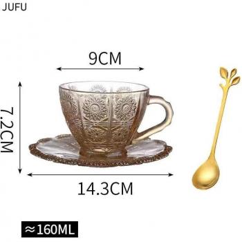 Floral Relief Nordic Glass Tea Mugs – Vintage Style Cup Set with Condensed Tray