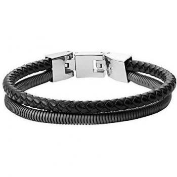 Fossil Bracelet Acier et Cuir Noir 19,5 cm