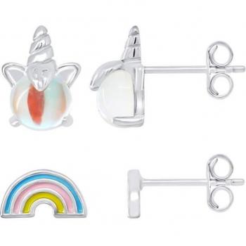 Léa & Arthur – Einhorn‑Regenspektrum Ohrstecker, 925 Silber in Rosa/Weiß/Blau