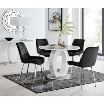 FurnitureboxUK Giovani 100 cm White Glass Top Dining Table with 4 Grey Velvet Chairs on Silver Legs