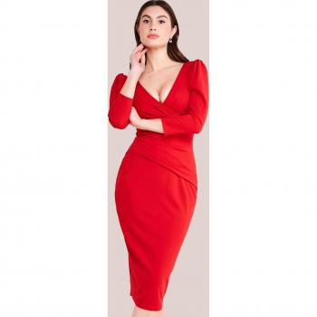 Red Front Wrap Pleated Scuba Midi Dress by Goddiva