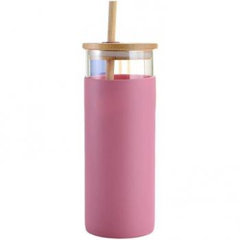 Glass Travel Mug with Straw and Bamboo Lid