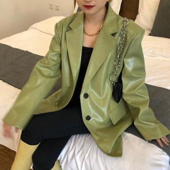 Vintage Green Faux Leather Outwear for Women