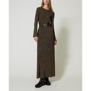 Twinset Abito lungo bicolor con cintura in maglia a coste Taglia L