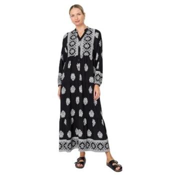 Izabel London Women’s Black Tiered Long Sleeve Maxi with Border Print