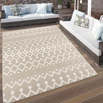Tapis extérieur 200 cm, motif géométrique 3D beige, style boho scandinave