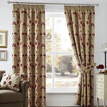 Pencil Pleat Lined Red/Gold Floral Damask Drapery