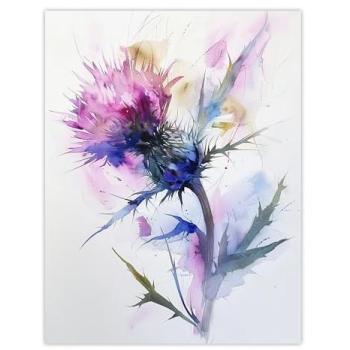 Blooming Thistle Floral Watercolor – Purple Wall Decor – 18×24