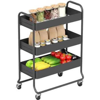 Black 3‑Level Rolling Storage Cart – Mesh Baskets & Wheels for Kitchen