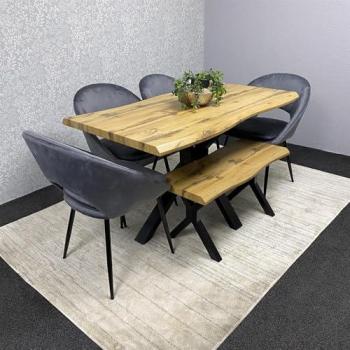 Classic Oak Brown Table & Bench with Gray Velvet Chairs