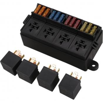 12-Way Fuse Holder Box with Spade Terminals and 4PCS 4-Pin 12V 40A Relays