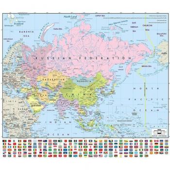 Carte Mercator de l'Asie avec drapeau national, 90x90cm, non-tissée et étanche