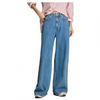 Jeans a vita alta wide leg, denim blu medio con fascia di riga