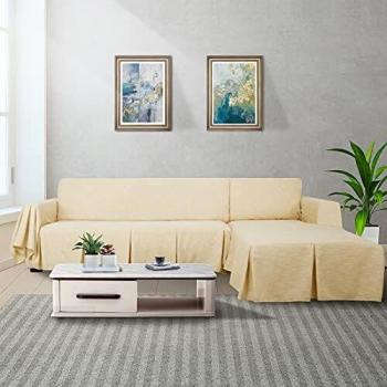 MAXIJIN L Shape Sofa Covers 2 Piece Corner Sofa Cover for Sectional Couch Linen Sofa Slipcover with Ruffles, Reversible Furniture Protector for Dogs (3 Seat and Right Chaise, Reed Yellow)