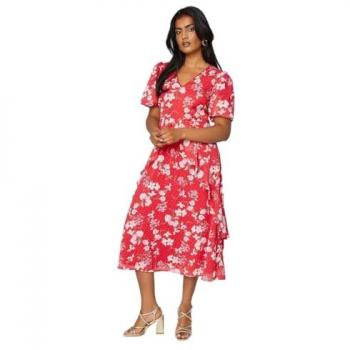 Oasis Women's Red Floral Dobby Lace Trim Ruffle Midi Dress