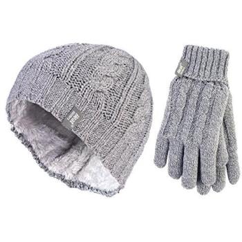 Women's Fleece Lined Hat & Gloves Bundle – Size S/M, Light Grey