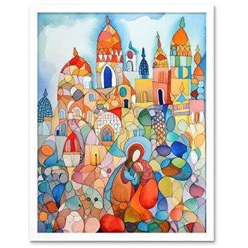 Folk Art Moroccan Skyline Canvas Print – 12 x 16 inches, White Frame