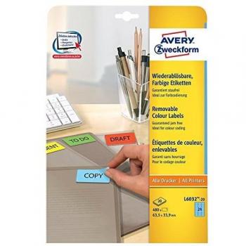 Avery Zweckform L6033-20 Removable Green Labels, 63.5 x 33.9 mm, 480 Labels (20 Sheets)