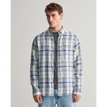 Camisa Gant de corte recto en lino y madrás azul