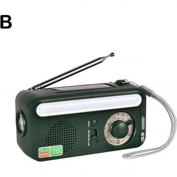 Radio portátil AM/FM con energía solar y manivela, linterna y banco de energía
